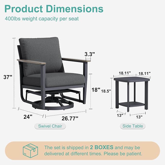 6-Piece Patio Rocking Swivel Chair Outdoor Aluminum Bistro Set with Coffee Table, Outdoor Patio Furniture Set with High Backrest & Thickened Cushions for Garden, Deck and Balcony, Dark Grey