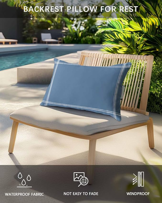 Chaise Lounge Chair Pillow with Strap & Insert Solid Color Outdoor Recliner Head Pillow Pack of 2 Royal Blue Waterproof Headrest Patio Lumbar Pillow for Beach Pool Office Chair 12x20 Inch