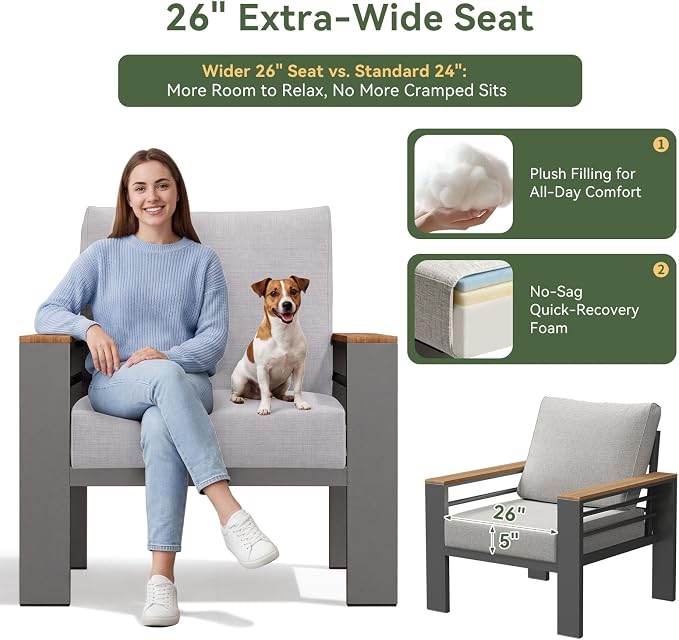 Aoxun Patio Furniture Set, Aluminum Patio Set with Fire Pit Table and 5" Thicken & Washable Cushion, Waterproof Outdoor Furniture, Outdoor Couch Sectional for Backyard (5 Seats/F, Grey)