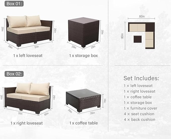Khaki Outdoor Sectional Conversation Sofa Set 4 Pieces Wicker Patio Furniture Set with Storage Box and Glass Table Cushions and Furniture Covers