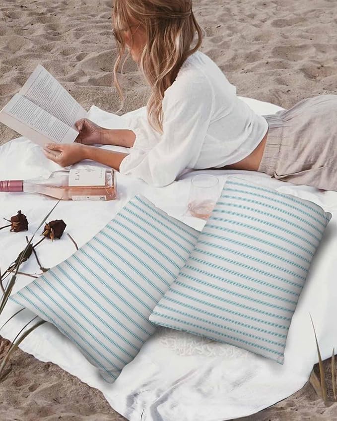 Outdoor Waterproof Throw Pillow Covers Set of 2 Teal Stripes Lumbar Pillowcases 20x12 Inches Simple Style Patio Decorative Pillows Cushion Case Patio Pillows for Couch Bed Chair Garden