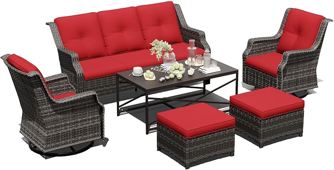 Outdoor Patio Furniture Set, 6 Piece Wicker Patio Furniture with Thick Cushions, Curved Armrest, Deep Seating, Outdoor Swivel Rocker Chairs for Porch, Deck, Balcony