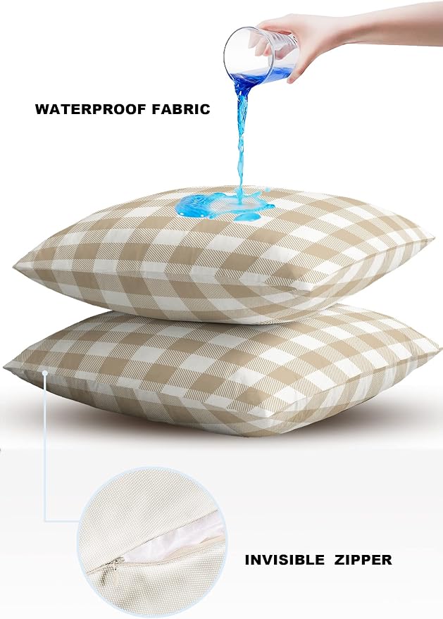 Outdoor Waterproof Throw Pillow Covers Set of 2 Khaki Buffalo Check Plaid Pillowcases 26x26 Inches Farmhouse Style Patio Decorative Pillows Cushion Case Patio Pillows for Couch Bed Chair Garden