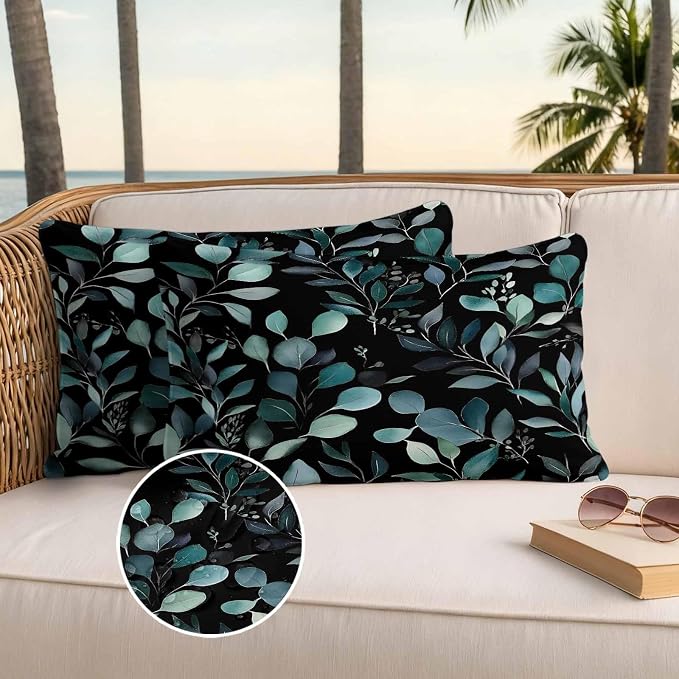 Lumbar Pillow Covers 20x12 Inch Set of 2, Teal Black Botanical Waterproof Outdoor Pillow Covers, Spring Eucalyptus Leaves Greenery Decorative Cushion Pillowcases for Couch, Sofa, Bed, Garden, Patio