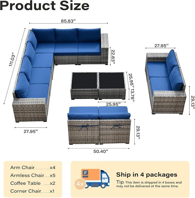 12 Pieces Patio Furniture Set, Wicker Outdoor Sectional Sofa with Coffee Table Comfy Cushions, Modern Modular Deep Seat Rattan Couch Conversation Set for Backyard Porch Yard,Navy Blue