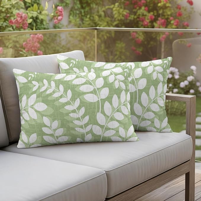 Olive Green Leaves Outdoor Waterproof Throw Pillow Covers 20x12 Set of 2, Farmhouse Botanical Branch Vintage Boho Decorative Pillowcases Cushion Pillowcase for Couch Sofa Patio Pillow Protector