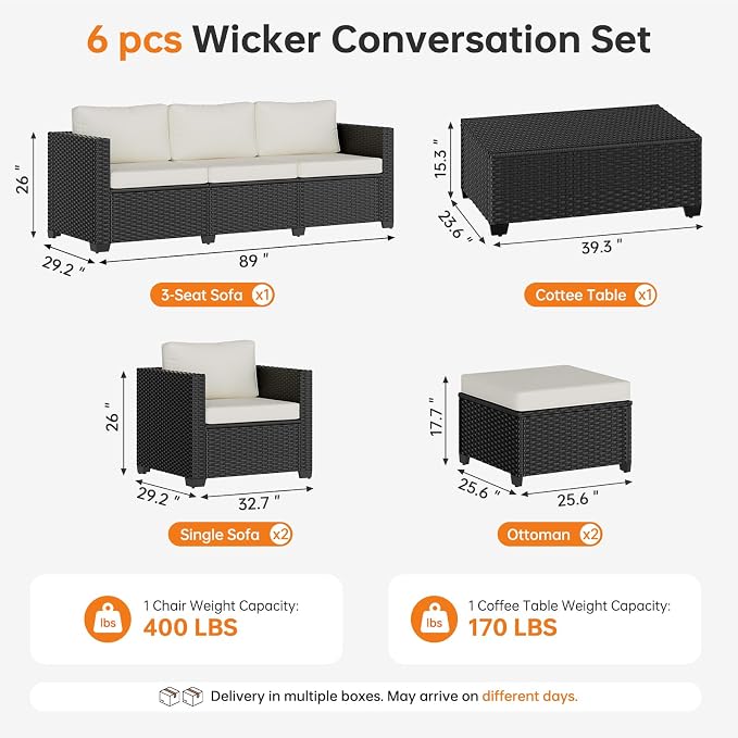 LazySunsets 6-Piece Outdoor Patio Furniture Set, Rattan Outdoor Sectional with Thick Waterproof Cushions, Wicker Ottomans & Waterproof Cover, Patio Conversation Set for Garden, Backyard, Beige