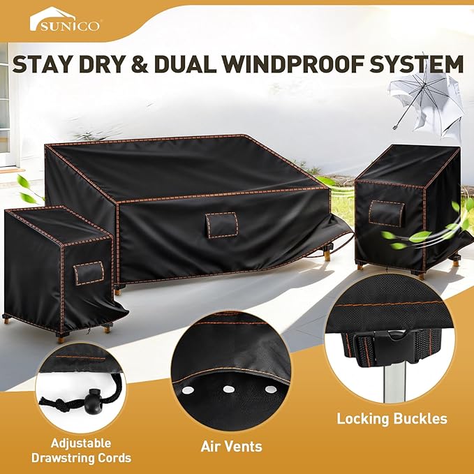 3 PCS Patio Furniture Covers Sets, 420D Waterproof Outdoor Chair Covers and Sofa Cover, Fits Outdoor 3 Seater Sofa 79"W x 35"D x33"H and Chairs 32"W x 35"D x 33"H, Triple Windproof and Anti-UV, Black