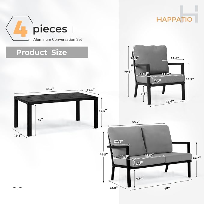 HAPPATIO Aluminum Patio Furniture Set, 4 Pieces Conversation Set with Thick Cushions and Coffee Table, All Weather 3-Seat Sofa Waterproof and Rustproof for Garden, Backyard, Porch, Black