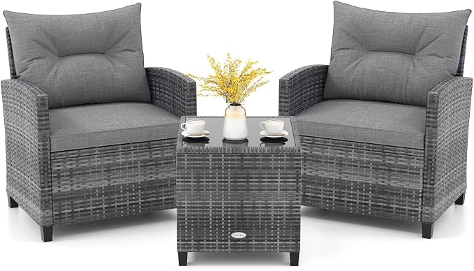 KOTEK 3 Piece Patio Furniture Set, Outdoor PE Rattan Conversation Set with Washable Cushions & Tempered Glass Tabletop, Wicker Chairs and Table Set for Porch, Garden, Balcony (Grey)