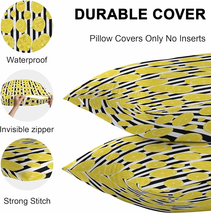 Vandarllin Outdoor Throw Pillows Covers 20x20 inch Set of 2 Waterproof Yellow Lemon Decorative Zippered Cushion Covers for Patio Furniture, Summer Fruit Black Stripes Lumbar Pillowcases