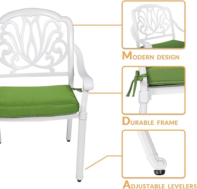 3-Piece Outdoor Patio Dining Set, All-Weather Cast Aluminum Patio Furniture Set for Backyard Garden Deck with 2 Cushioned Chairs and 31” Round Table, 2" Umbrella Hole, White
