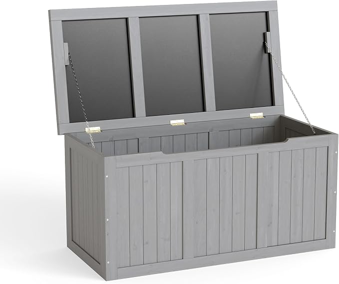 67 Gallon Outdoor Wooden Deck Box Solid Wood Storage Box Seat Table Top for Patio Furniture Cushions, Pool Toys Garden Tools
