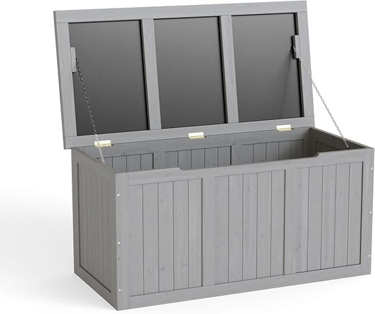 67 Gallon Outdoor Wooden Deck Box Solid Wood Storage Box Seat Table Top for Patio Furniture Cushions, Pool Toys Garden Tools