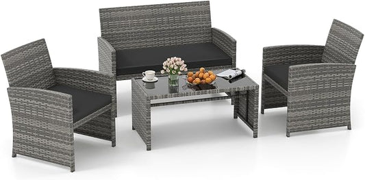 Tangkula 4 Piece Patio Wicker Furniture Set, Outdoor Heavy Duty Rattan Cushioned Chairs, Loveseat and Tempered Glass Coffee Table, for Backyard, Balcony, Poolside (Black)
