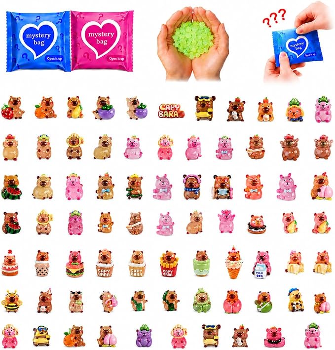 100 PCS Mystery Bag Mini Resin Capybara Blind Bags, Cute Glow in The Dark & Regular Capybara Figurines Surprise Box Toys for Kids, Tiny Collectible Party Favors, Cake Toppers, Phone Case Charms