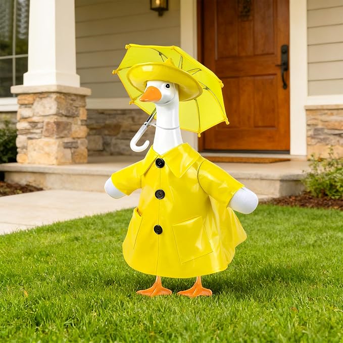 3 Pcs/Set Raincoat Porch Goose Outfits, Summer Lawn Goose Statue Raincoat Costume, Yard Goose Clothes Raincoats Umbrella Hat Outfit for 23" Statue Patio Garden Decoration Yellow