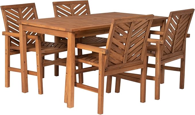 Walker Edison 4 Person Outdoor Wood Chevron Patio Furniture Dining Set Table Chairs All Weather Backyard Conversation Garden Poolside Balcony, 5 Piece, Brown