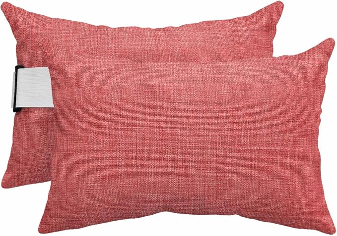 Coral Red Outdoor Lumbar Pillows 11x16 Set of 2, Farmhouse Burlap Solid Red Color Modern Linen Texture Waterproof Throw Pillow Covers with Insert, Decorative Pillowcase Cushion for Couch Sofa Bed