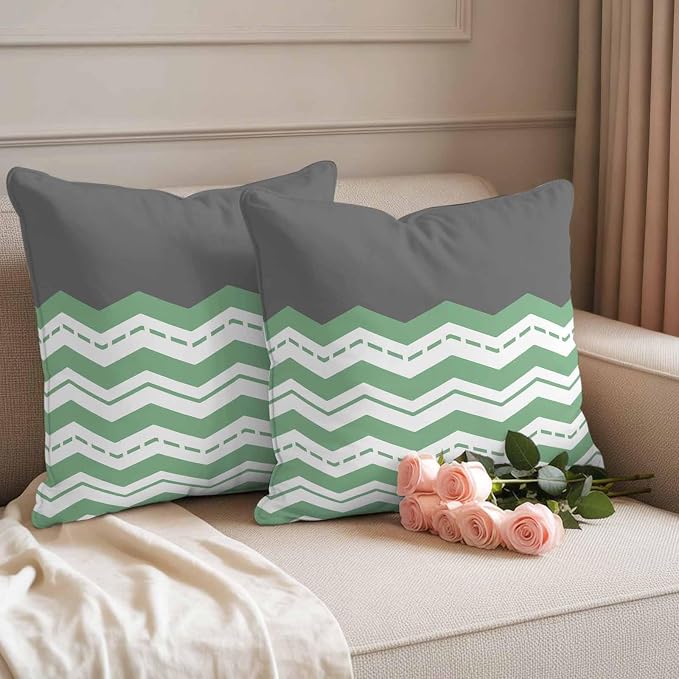 Green Chevron Waterproof Outdoor Pillow Covers Set of 2 Home Decor, Geometric Grey Print Wavy Striped White Pillowcase Patio Pillow Covers for Couch Bench Furniture Garden 20x20in