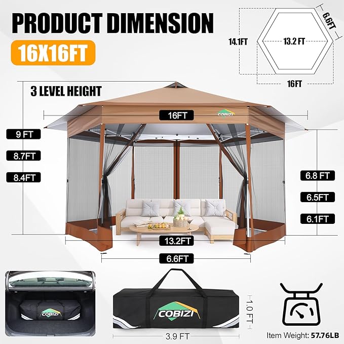 COBIZI 16x16 Pop Up Gazebo Tent with Mosquito Netting, Gazebos on Clearance, Hexagonal Outdoor Canopy Shelter, Patented Center Lock 6-Sided Portable Gazebos, Pop Up Canopy Tent for Backyard, Brown