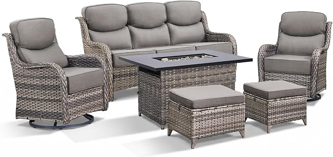 Luxury Patio Furniture Set with Fire Pit Table-6 Pieces All Weather Outdoor Swivel Rocker Chairs with Sofa and Ottomans. Outdoors Patio Conversation Sets for Porch Deck Garden Backyard(Grey/Grey)
