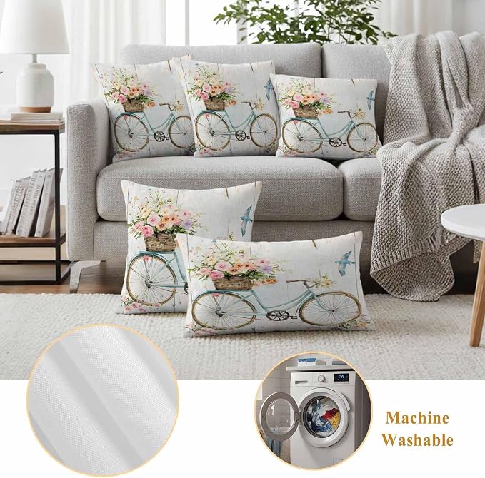 Teamery Outdoor Waterproof Pillow Covers Pastoral Blossom Blue Bike Throw Cushion Case, Vintage Wooden Plank Pillowcase for Bed,Sofa,Couch, Patio Furniture,20x12in, 2Pack Decorative Pillows Protector