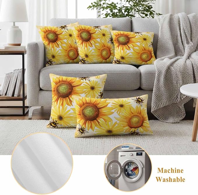 Outdoor Throw Pillow Covers,Rustic Sunflower Yellow Flower Waterproof Decorative Pillowcases Cushion Cover Spring Farmhouse Floral Bee Pillow Cases for Patio Couch Sofa Bed,16x16in Set of 2