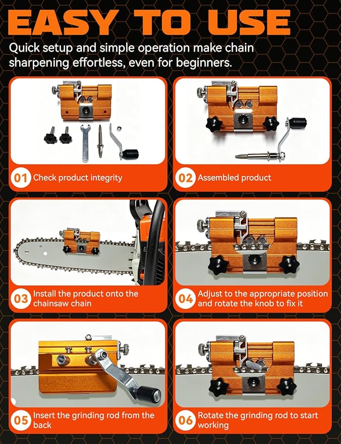 Chainsaw Sharpener Tool, Hand Crank Chain Saw Sharpener with 30° Angle Guide & Adjustable Clamp, Portable Chainsaw Kit for 4-22" Chains Gas & Electric Chainsaws (Orange-Big+10 Head)