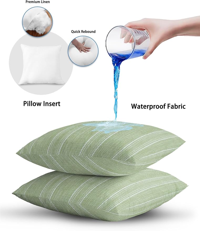 Waterproof Outdoor Pillow Set of 2 Olive Green Linen Stripes Decorative Throw Pillows Cover & Insert 20x12 Inch Lumbar Pillowcase Parallel Vertical Lines Pillows for Couch Sofa Bed Patio Furniture