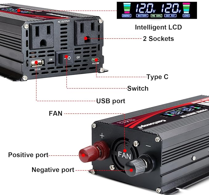 Cantonape 1000 Watt Power Inverter DC 12V to 110V/120V AC Car Inverter with LCD Display, 2 AC Outlets, 3.0A USB and 20W Type-C Car Charger for Vehicles Home Laptop Truck Black