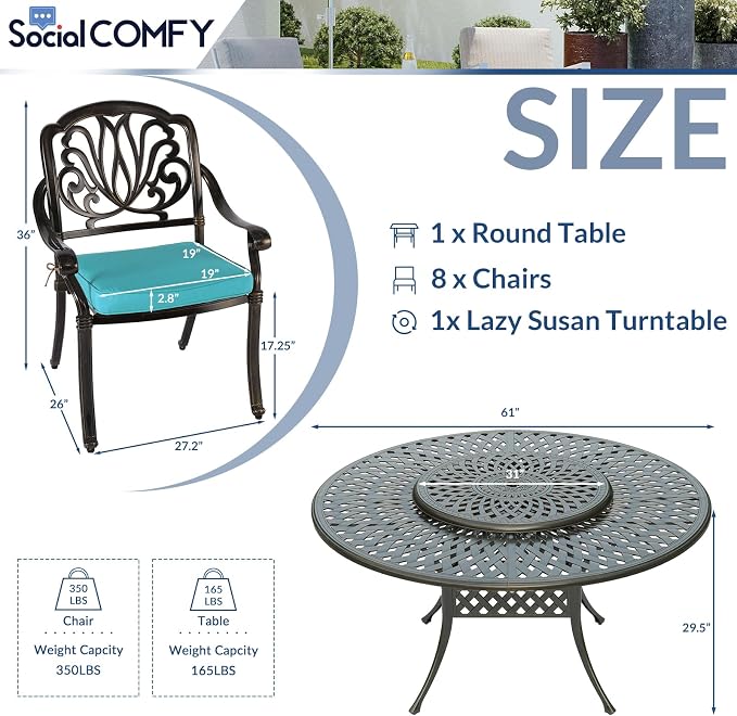 9-Piece Patio Cast Aluminum Dining Set, 8 Person Outdoor Dining Furniture Set, Includes 8 Cushioned Chairs and 61" Large Round Dining Table with 31" Lazy Susan, Umbrella Hole, Ocean Blue