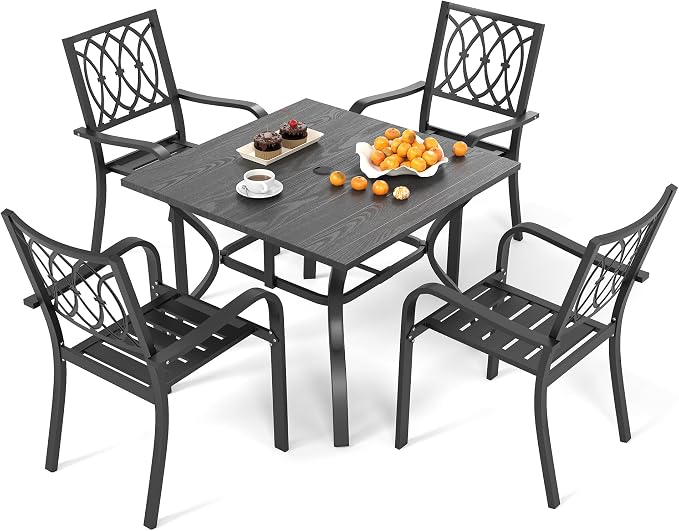 5‑Piece Outdoor Patio Dining Set 4 Metal Chairs 37.8" Square Wood‑Grain Metal Table w/Umbrella Hole Ergonomic Slat Design Quick Assembly Ideal for Garden