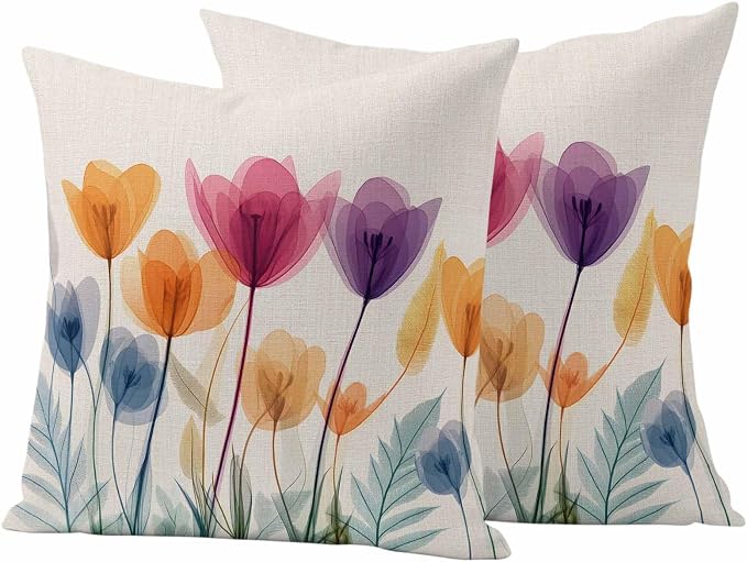 Spring Outdoor Waterproof Throw Pillow Covers Set of 2, 20"x20", Floral Cartoon Multicolor Tulips Leaf Retro Decorative Pillow Covers Outside Cushion Case for Patio Porch Garden