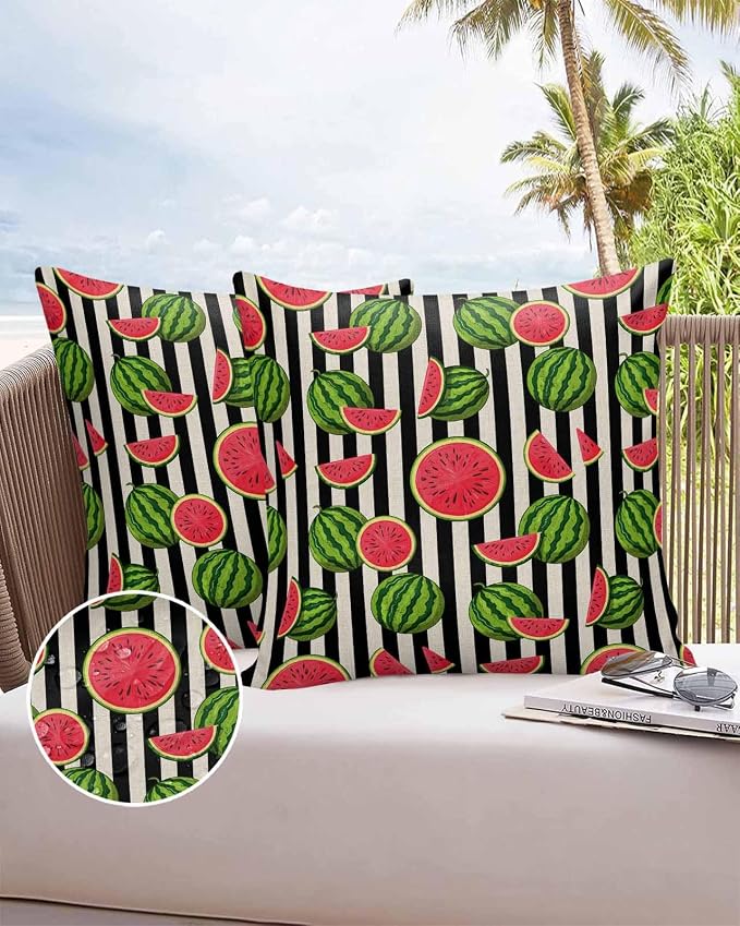 Vandarllin Outdoor Throw Pillows Covers 16x16 inch Set of 2 Waterproof Watermelon Decorative Zippered Cushion Covers for Patio Furniture, Summer Fruit Black Stripes Lumbar Pillowcases