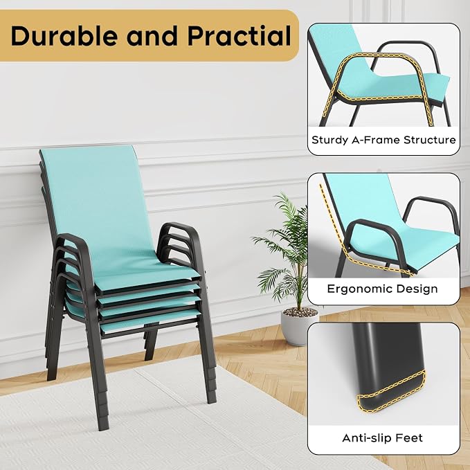 Outdoor Patio Dining Set for 4, 5 Pieces Patio Table and Chairs Set with Umbrella Hole, 41"x 41" Round Metal Wood-Grain Dining Table Set with 4 Stackable Patio Chairs for Deck , Backyard, Porch