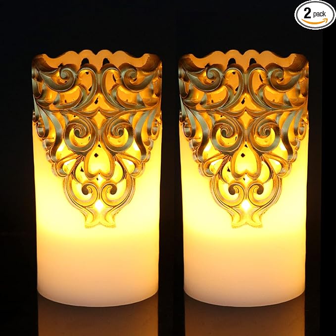 Eldnacele Flameless Christmas Gold Candles with 5H Timer, Flickering Real Wax Battery Operated Pillar Candles for Christmas Holiday Decoration Gold (D3 x H6)
