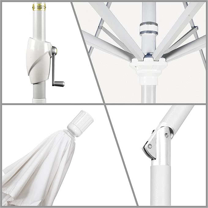 California Umbrella 9' Round Aluminum Market Umbrella, Crank Lift, Push Button Tilt, White Pole, White Olefin