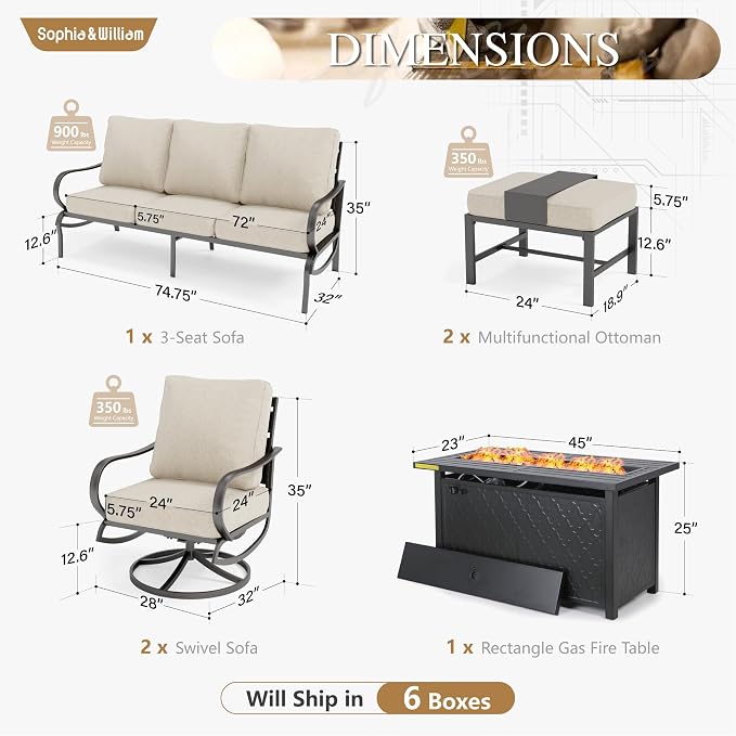 Sophia & William Patio Furniture Sets for 7 with 45" Gas Fire Pit Table Outdoor Conversation Sets 6 Pcs, 2 x Swivel Cushioned Sofa Chairs, 1x3-Seat Sofa, 2xOttomans for Backyard Poolside Beige