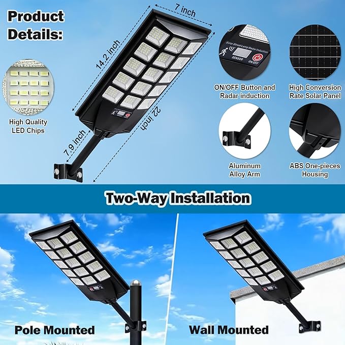 Jercoda Solar Lights Outdoor Waterproof, 6500K Dusk to Dawn Solar Street Light Motion Sensor with Remote, Solar Powered LED Security Flood Light for Outside Garden Yard Parking Lot Pathway, 4PACK