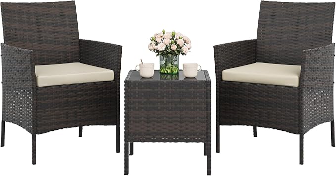 3-Piece Outdoor Furniture Set, PE Rattan Wicker Chairs with Soft Cushions & Tempered Glass Coffee Table - All-Weather Patio Set for Garden, Backyard, Porch, Poolside (Gradient Brown/Beige)