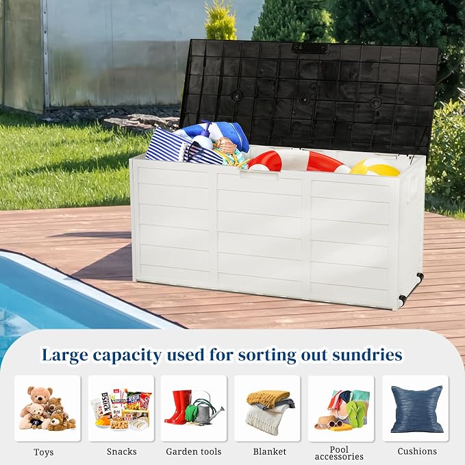 75 Gallon Outdoor Storage Box with Wheels Lockable Seat Waterproof Deck Box with Handle Patio Furniture Storage Bench Garden Tools Organizer UV Resistant Wood Grain Design Polypropylene White