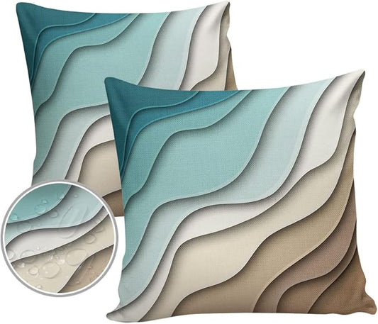 Modern Geometric Outdoor Waterproof Pillow Covers for Patio Furniture Decorative Throw Pillow Cover Teal Blue Brown Abstract Ocean Wave Pillowcases Set of 2 Cushion Case for Sofa Couch 18 x 18 Inches
