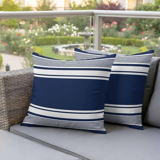 Outdoor Waterproof Throw Pillow Covers, Navy Blue Striped Decorative Pillow Cases, Modern Color Block Farmhouse Stripes Couch Pillow Protector Patio Sofa Cushion Covers Replacement 24"x24" 2 Pack