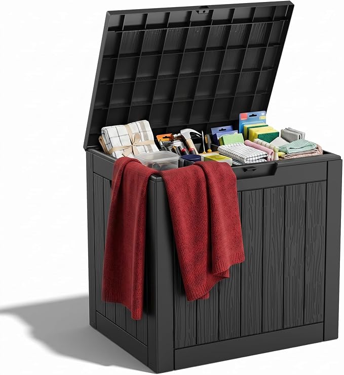 ROJIK 37 Gallon Resin Deck Box, Lockable Waterproof Weatherproof Outdoor Storage Container for Garden Tools, Cushions & Outdoor Accessories（Black