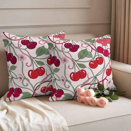 Red Cherry Outdoor Pillow Covers 24"x24" Set of 2, Vintage Red Cherry Pink Floral Vines Pink Waterproof Throw Pillow Covers for Patio Furniture, Decorative Cushion Covers for Porch