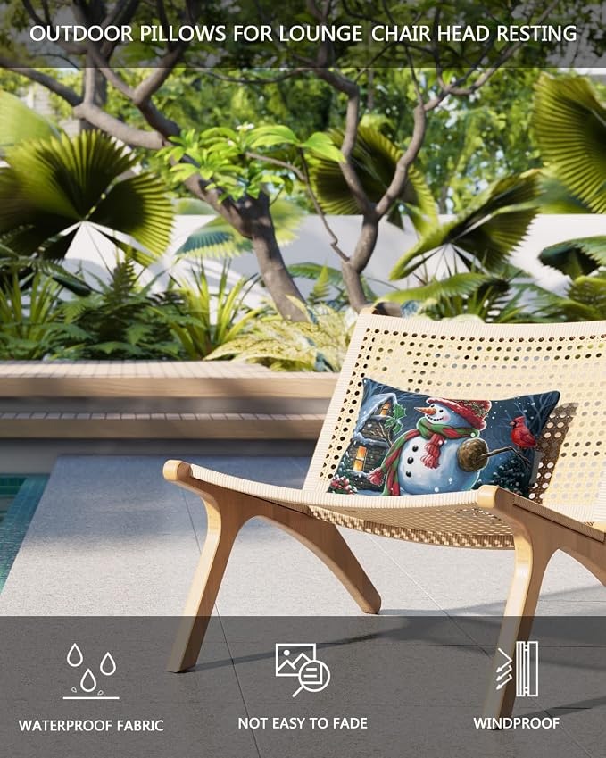 Outdoor Pillows Covers with Inserts Chirstmas Red Cap Snowman Red Bird Waterproof Recliner Pillow with Adjustable Strap Throw Pillows for Patio Furniture Pool Lounge Chair, 12x20 inch, 1PCS