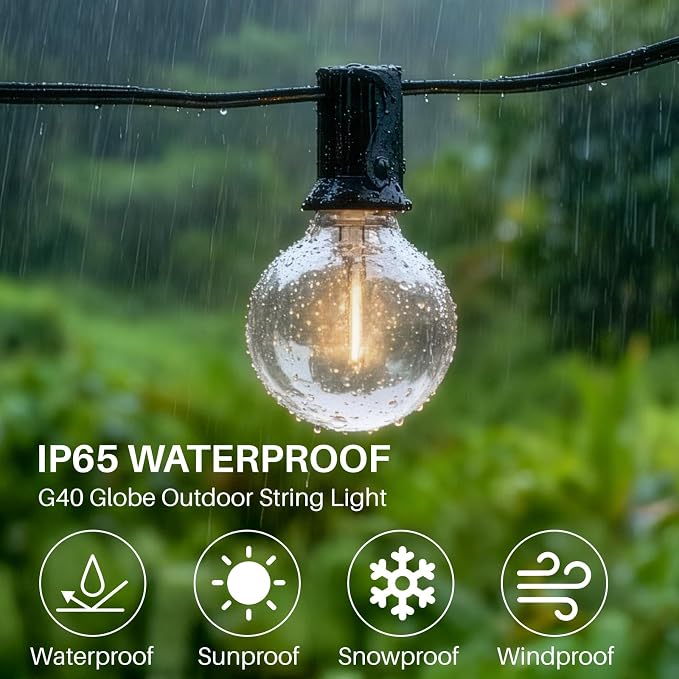 25 FT 2700K Outdoor String Lights,13 Plastic Edison Bulbs, E12 Base | G40 globe shatterproof bulbs, IP65 waterproof, dimmable LED, for backyard porch balcony party decor