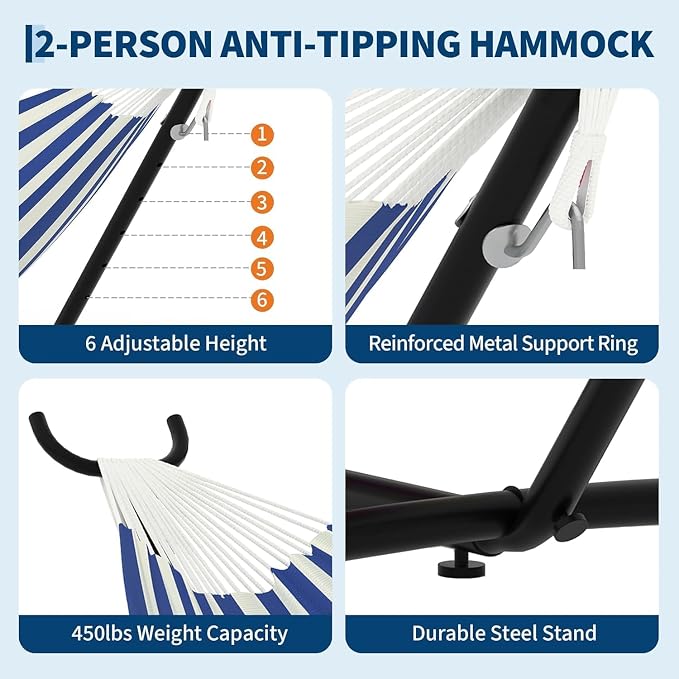 Double Hammock with Space-Saving Steel Stand - 2 Person Portable Heavy Duty Hammock with Carrying Bag for Outdoors & Indoors, Easy Assembly, 350 lbs Capacity, Yellow Rainbow Stripes