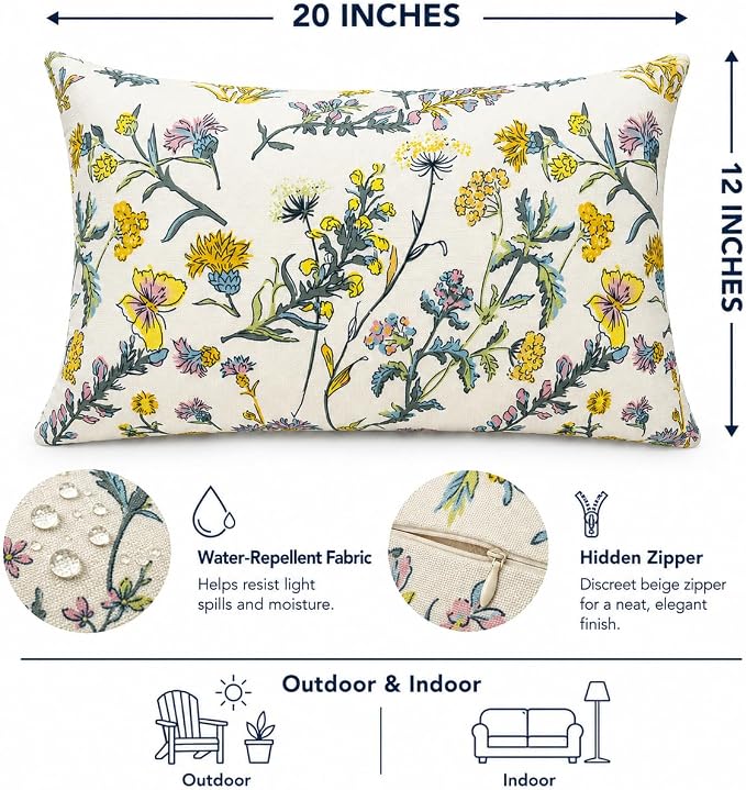 Outdoor Lumbar Pillows 12"x20" Waterproof Patio Pillows with Inserts | Set of 2 Fade Resistant Outdoor Waterproof Lumbar Pillow Decorative Garden Lumbar Cushions for Home Patio Terrace Sofa